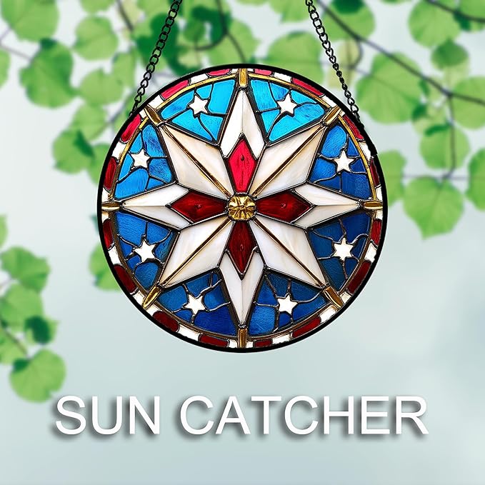 Stained Glass Window Hanging 4 Pcs Set Abstract Flowers in Red White Blue 6.3" - Suncatcher Door Garden Sun Catcher Decor Birthday Mother's Day Xmas Gift for Mom Woman Nana Men Parents