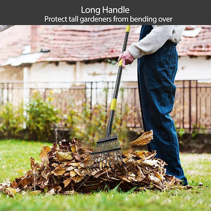 Garden Leaf Rake for Lawns Heavy Duty, Adjustable Shrub Iron Thatch Rake Long Handle 30-72", 11 Tines 9" Wide Adult Kids Yard Small Metal Rake for Leaves Gardening Camping Debris Flower Beds