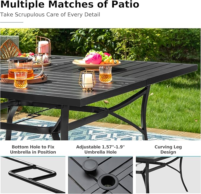 MFSTUDIO Patio Dining Set for 8, Square Outdoor Dining Set with Umbrella Hole, 9 Piece Patio Table and Chairs Set for Backyard Deck Poolside