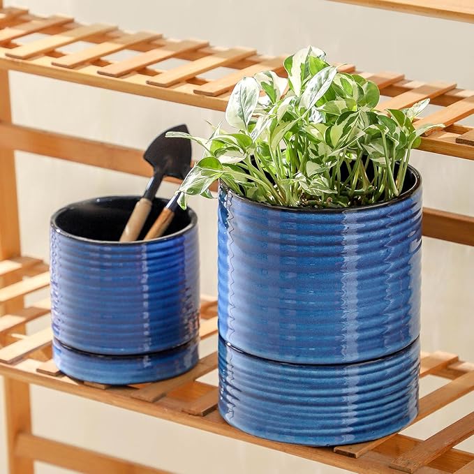 HASENSE Self Watering Pots for Indoor Plant, 6 Inch Porcelain Planter with Drainage Hole & Water Storage Plus for Indoor & Outdoor Plants, Round Flower Pot for Home Office Kitchen Decor, Blue