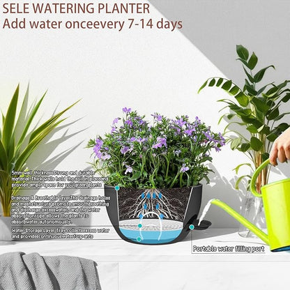 2 Pack 12 Inch Large Hanging Planters with Chains Self Watering Black Plastic Hanging Pots for Indoor Outdoor Plants, Garden Porch Home Decor，Black