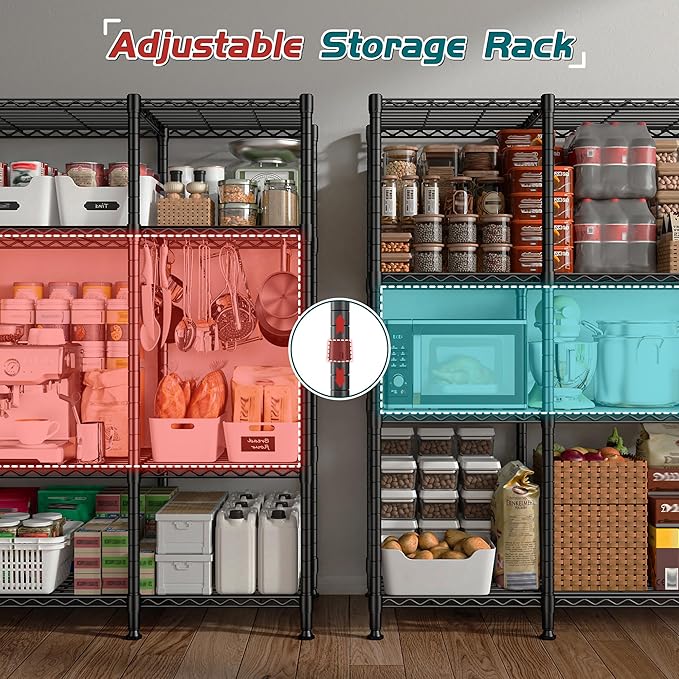 REIBII 78.4" W Storage Shelves 1500LBS Load, Metal Shelving Unit Heavy Duty Wire Shelving for Garage Storage Rack, Adjustable Metal Shelf for Pantry Commercial Kitchen Storage Shelves, 11.8''D x 59''H