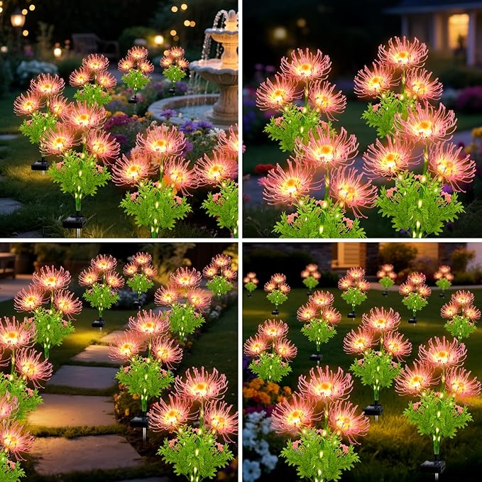 Solar Garden Flower Lights Outdoor,4 Pack 12-Head Pink Spider Lily Waterproof with Glowing Stems,Elegant Yard & Patio Decor,Ideal Valentine's,Thanksgiving & Gardening Gifts for Women,mothers & Grandma