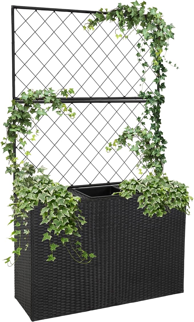 Sunnydaze 3-Section Tall Wicker Planter Box with Trellis - 3 Removable Plastic Inserts - Raised Garden Bed with Trellis - 33" W x 11.75" D x 57.75" H
