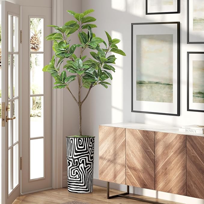 Artificial Tree in Modern Geometric Pattern Planter, Fake Rubber Silk TRE for Indoor and Outdoor Home Decoration - 70" Overall Tall (Plant Pot Plus Tree)