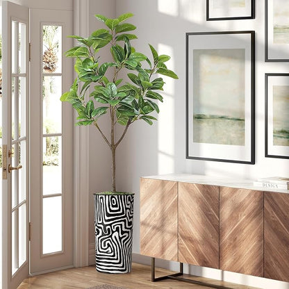 Artificial Tree in Modern Geometric Pattern Planter, Fake Rubber Silk TRE for Indoor and Outdoor Home Decoration - 70" Overall Tall (Plant Pot Plus Tree)