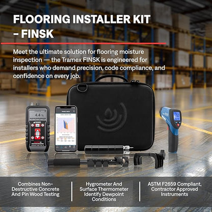 Tramex Flooring Installer Kit FINSK | CMEX5 Digital Meter, Infrared Surface Thermometer & Heavy-Duty Pin Probe | Check Concrete & Wood Moisture, Humidity, Temperature & Dew Point Pre Floor Install