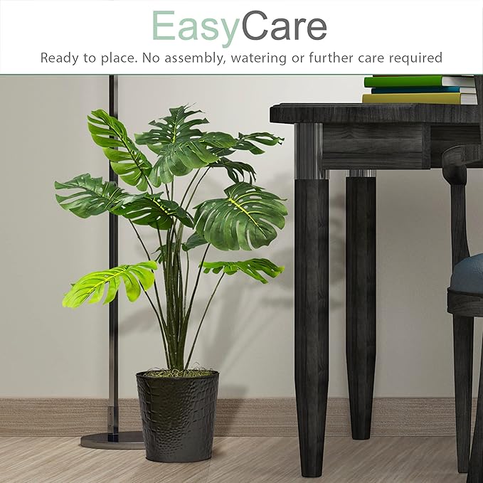 2.8ft Faux Monstera Deliciosa - Realistic Fade Resistant Foilage, No Maintenance, Large Indoor Artificial Plant in Black Metal Pot - Living Room, Home & Office Decor