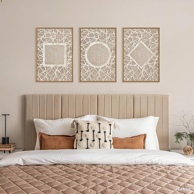 Large Boho Neutral Geometric Framed Canvas Wall Art,Modern Circle Square and Rhombus Wall Decor,Minimalist Shapes Artwork,Abstract Mid Century Art Print For Living Room,Bedroom,Office-24"x36"x3