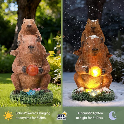 Capybara Solar Garden Statue – Funny Outdoor Resin Animal Decor – Weatherproof Yard Lawn Ornament with LED Light Figurine for Patio, Porch, Landscape Housewarming