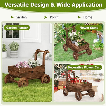Tangkula Wooden Wagon Planter Box, Decorative Garden Planter w/Wheels, Handle, Drain Hole, Rustic Wooden Flower Cart for Indoor & Outdoor Decor for Patio, Garden, Balcony (27" L x 15" W x 21" H)