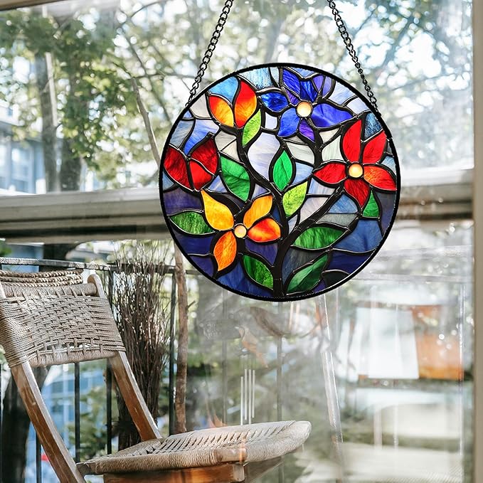 Stained Glass Window Hanging Colorful Flowers and Leaves 7.8" - Suncatcher Door Garden Sun Catcher Home Decor Birthday Christmas Mother's Day for Mom Men Woman Nana Friend