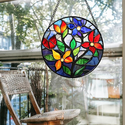 Stained Glass Window Hanging Colorful Flowers and Leaves 6.3" - Suncatcher Door Garden Sun Catcher Home Decor Birthday Christmas Mother's Day for Mom Men Woman Nana Friend