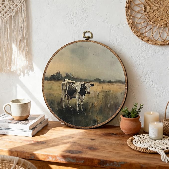 DEQSX Vintage Farmhouse Cow Round Wall Art, Rustic Country Cottagecore Landscape Farm Animals Wall Decor Canvas Prints Posters for Home Bedroom Living Room, 10x10 Inches