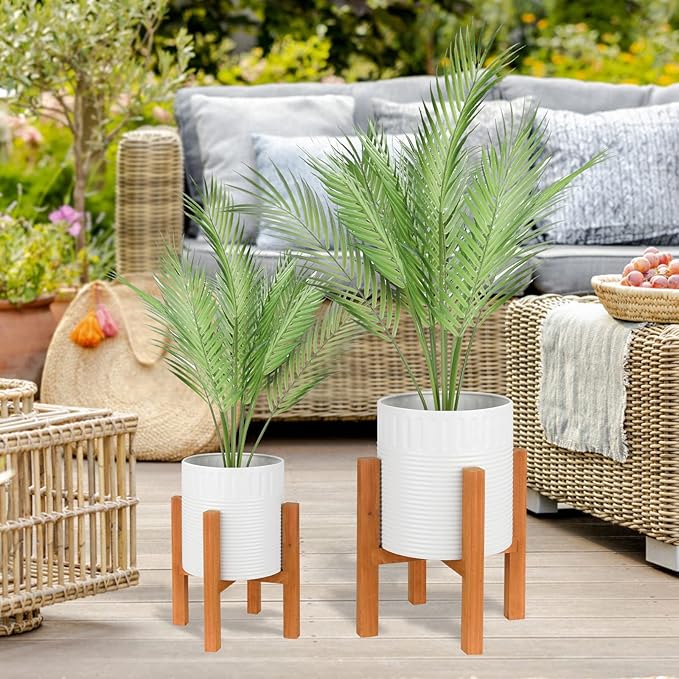 2-Piece White Metal Planter Set with Wood Stand, Indoor Mid Century Modern Planters with Drainage, 8" & 10"