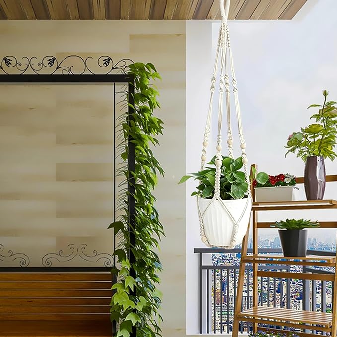 3 Pack Macrame Plant Hanger Indoor Hanging Planter Basket with Wood Beads Decorative 3 Hooks and Expansion Tube for Boho Home Decor Outdoor Different Size 23"/29"/35"