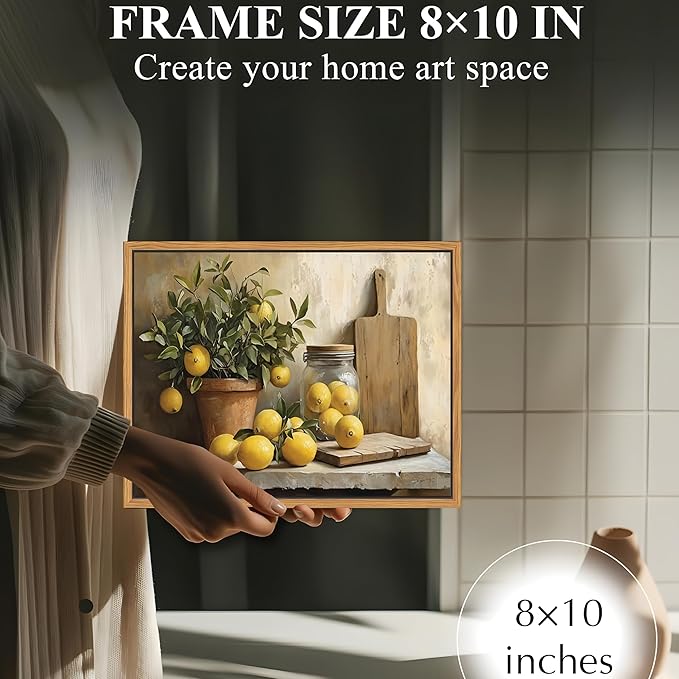 Floating Framed Vintage Kitchen Wall Art, Yellow Lemon Still Life Wall Decor Oil Paintings, Rustic Farmhouse Artwork Canvas Posters Prints Pictures for Living Room Bedroom Home Decor 8x10 Inch