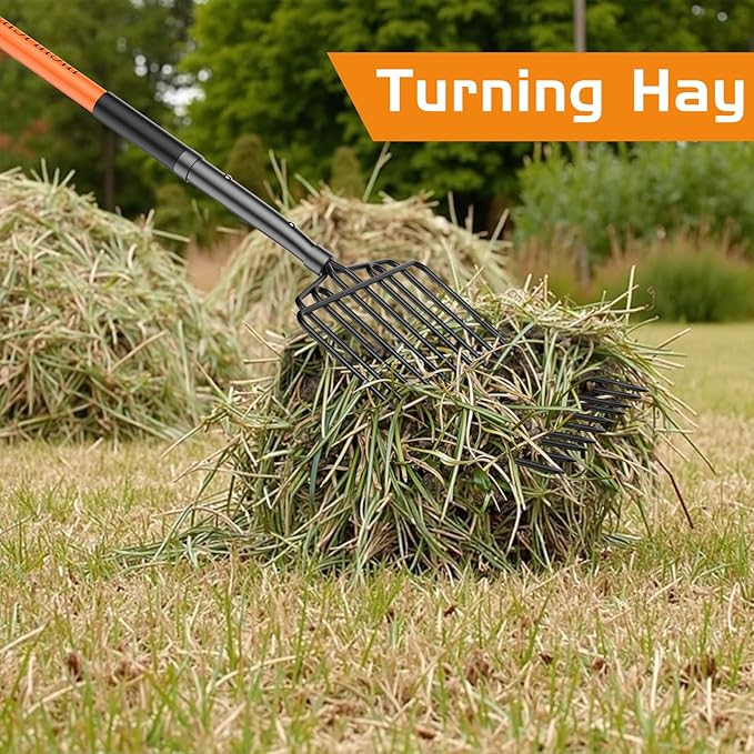 HIGHLIGHT 10-Tine Wide Head Pitch Fork for Manure & Hay, Heavy Duty with Unbreakable Fiberglass Handle, 45-Inch Ergonomic Grip