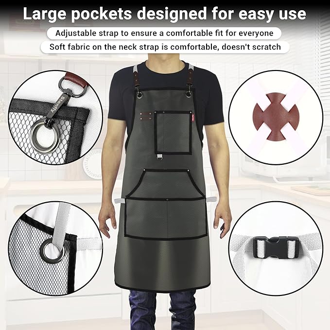 Waterproof Work Apron for Chefs, Hair Stylists, Artists, Gardeners, Adjustable, Multi-Pockets, TPU Mesh Fabric, Plus Size