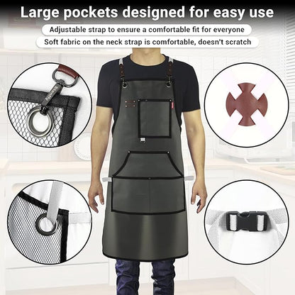 Waterproof Work Apron for Chefs, Hair Stylists, Artists, Gardeners, Adjustable, Multi-Pockets, TPU Mesh Fabric, Plus Size