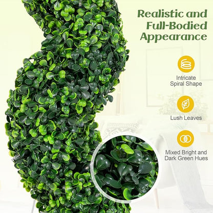 Goplus 4FT Pre-Lit Artificial Spiral Boxwood Topiary Tree, 2 Pack 47” Tall Faux Potted Fake Greenery Plants w/ 100 LED Lights, Nursery Pot, Indoor Outdoor Home Front Porch Holiday Decoration
