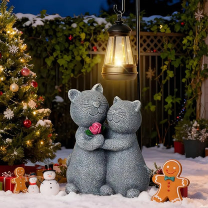 Outdoor Cat Garden Statues with Solar Lantern, Solar Lantern Cat Figurines Decor for Yard, Lawn, Porch & Patio, Unique Housewarming/Birthday Gifts for Women