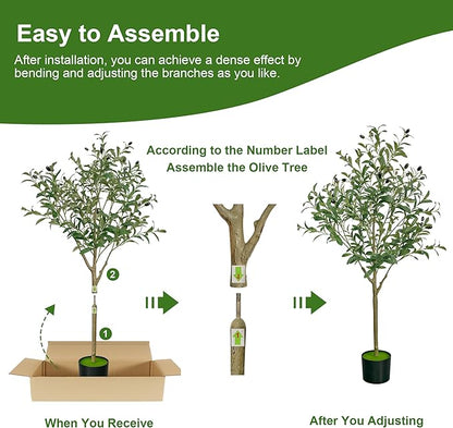 4 FT Olive Trees Artificial Indoor, Faux Olive Tree 4ft with Natural Wood Trunk Branches and Lifelike Fruits, Realistic Fake Tree Artificial Plants Tall with Planter for Home Office Decor