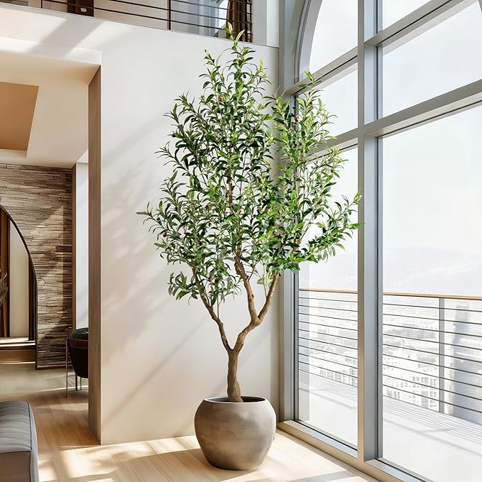 7FT Faux Olive Tree with Tall Exquisite Planter Artificial Olive Tree Tall, Potted Fake Olive Plant with 1710 Real Touch Leaves, Indoor Outdoor Home Garden Office Decor