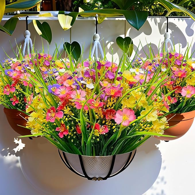 Artificial Flowers Outdoor UV Resistant 12 Bundles Faux Silk Summer Spring Wildflower Plants Plastic Fake Greenery Shrubs for Outside Planter Porch Window Boxes Garden Decoration