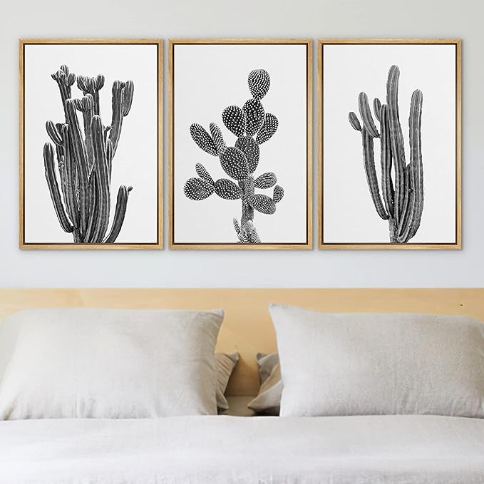 Ashbrook Framed Wall Art Print Set Black & White Southwest Desert Cactus Nature Floral Photography Modern Decorative Multicolor Relax/Calm for Living Room, Bedroom, Office - 24"x36"x3 Natural