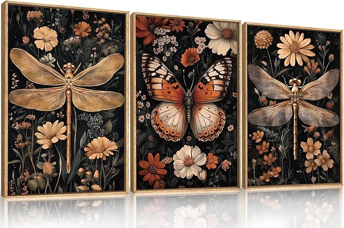 Large Vintage Butterfly and Dragonfly Wall Decor Framed Canvas Wall Art,Retro Dark Animal Floral Wall Decor, Moody Insect Wildflowers Botanical Artwork for Living Room,Bedroom,office-16 x24 x3