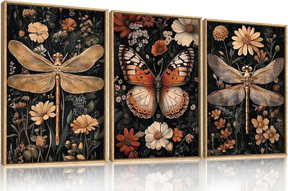 Large Vintage Butterfly and Dragonfly Wall Decor Framed Canvas Wall Art,Retro Dark Animal Floral Wall Decor, Moody Insect Wildflowers Botanical Artwork for Living Room,Bedroom,office-24 x36 x3