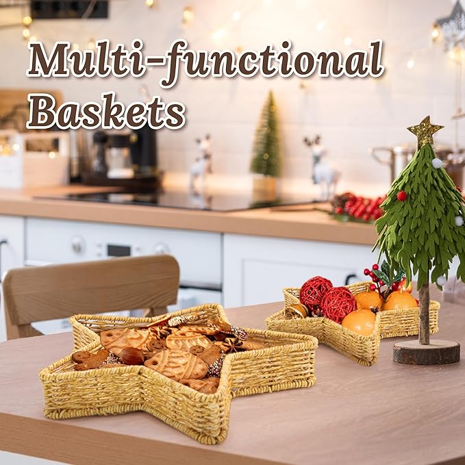 Star Wicker Basket, Rattan Basket, Decorative Basket, Star Plates, Woven Basket for Gifts, Christmas Stars, Christmas Serving Dishes and Platters, Oat milk, Resin Wicker Set of 2