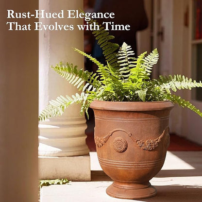 Worth Garden Large Urn Planter - 14" Dia x 16.5" H Lightweight Magnesium Oxide Plant Pot with Cement Texture - Rust-Like Finish Concrete Urn Planter with Drainage Hole for Indoor & Outdoor Decor