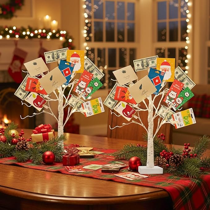 PABIPABI Money Tree Gift Holder, Set of 2 Birch Tree with 24 Clear Clips, Battery/USB Powered Timer Tabletop Trees for Home Party, Christmas, Wedding, Birthday Graduation (Warm White)