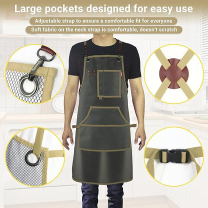 Waterproof Work Apron for Chefs, Hair Stylists, Artists, Gardeners, Adjustable, Multi-Pockets, TPU Mesh Fabric, Plus Size