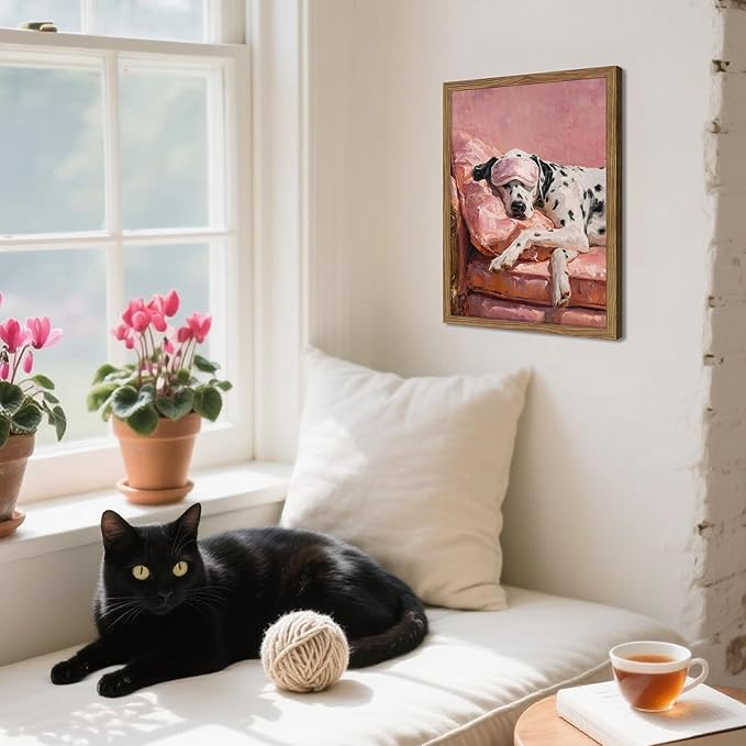 Vintage Framed Dalmatian Wall Art, Cute Dog Canvas Prints Home Decor, Pink Aesthetic Oil Painting, Dalmatian in Sleep Mask Picture Wall Decor for Bedroom Living Room Dormitory – 8x10 inch
