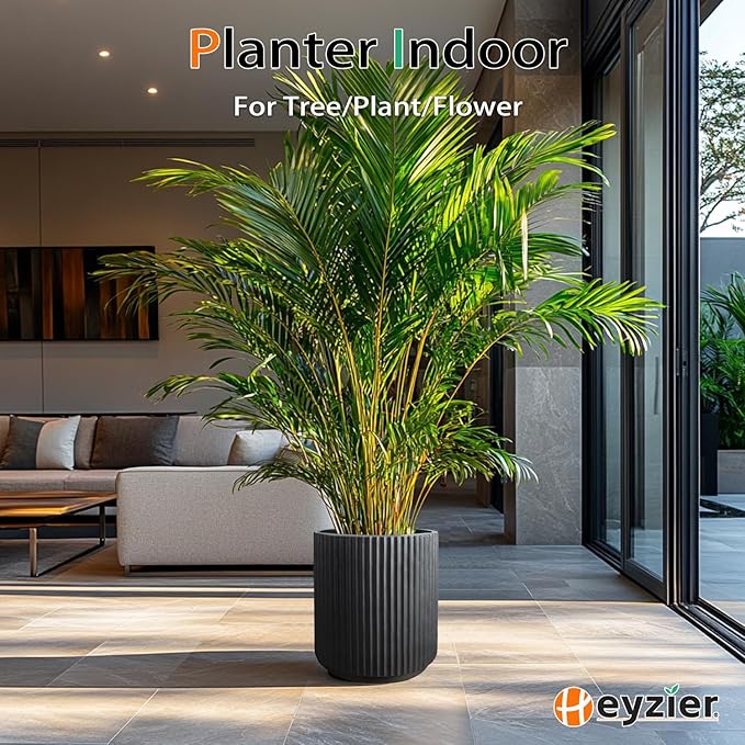 Round Concrete Planter Outdoor Indoor, Large Cement Plant Pots for Flowers (Vertical Black, 12 inch)