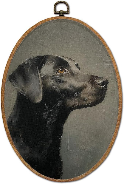 DEQSX Vintage Black Labrador Retriever Oval Wall Art, Black Lab Gifts, Moody Dark Academia Farmhouse Dog Wall Decor Canvas Prints Posters for Home Bedroom Living Room, 8.6x11.4 Inches