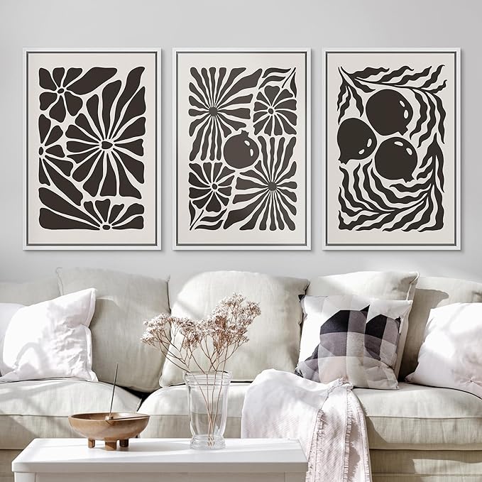 Ashbrook Framed Canvas Print Wall Art Set Mid-Century Modern Flowers & Fruit Nature Wilderness Illustrations Modern Art Floral Botanical Minimal Calm/Relax/Cozy for Bedroom - 24"x36"x3 WHITE