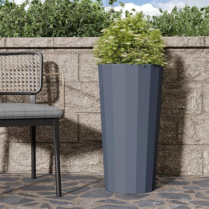2PCS Tall Planters for Outdoor Plants, 23.6 Inches Large Outdoor Conical Flower Pots for Porch with Drainage Holes and Drainage Baffle, Tapered Large Planters for Garden, Balcony Use, Grey