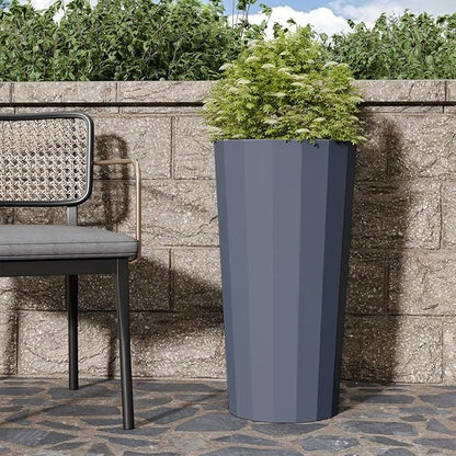 2PCS Tall Planters for Outdoor Plants, 23.6 Inches Large Outdoor Conical Flower Pots for Porch with Drainage Holes and Drainage Baffle, Tapered Large Planters for Garden, Balcony Use, Grey