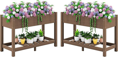 SERWALL Raised Garden Bed with Legs Set of 2, 43"×17"×30" Large HDPE Elevated Planter Box for Vegetables Flower Herb Patio, All Weather Use- Brown