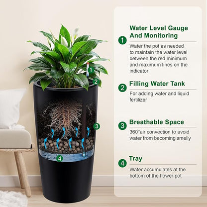GarveeLife 30 in Tall Planters for Outdoor Plants Set of 2, Large Outdoor Planters for Front Porch Decor with Drainage Holes＆Water Level Monitor ＆Inner Bucket, Automatic Watering, Black