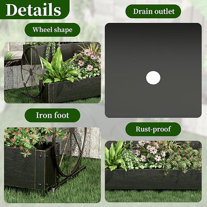 Metal Wagon Planter Box, 2-Tier Garden Planter with Wagon Wheels, Decorative Outdoor Planters for Flowers Herbs Vegetables, Flower Cart Small Raised Garden Bed for Patio, Balcony (Retro Gold)