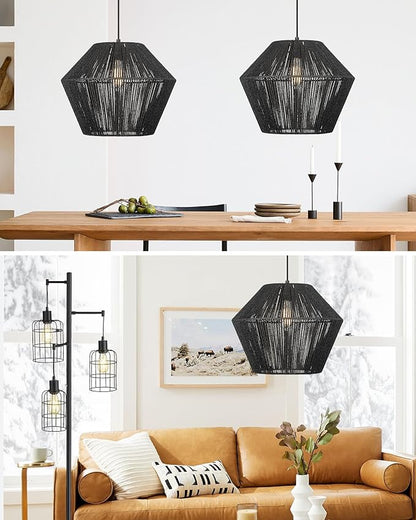 ELYONA 16.5” Large Modern Woven Chandelier Farmhouse Coastal Pendant Light Fixtures Matte Black Handwoven Rattan Basket Shade Boho Pendant Hanging Lamp for Kitchen Dining Room Bedroom Foyer Hallway