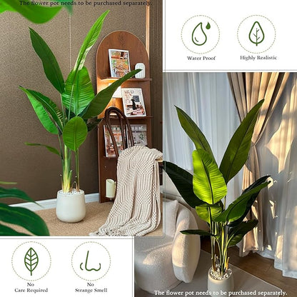 5.2FT Artificial Bird of Paradise Plant, Faux Artificial Trees, Tall Fake Realistic Tree, 10 Trunks Silk Leaf Plant with Plastic Pot for Home Office Decor Indoor Outdoor Modern Decoration