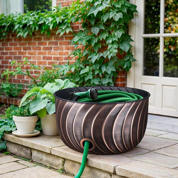 Monarch Abode Garden Hose Holder with Lid – Decorative Water Hose Holders for Outside, Wave Embossed Metal Antique Copper Pot with Drainage, 100ft Waterhose Holder for Outside, Garden Storage Caddy