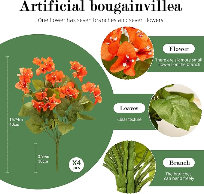Bougainvillea Artificial Flowers Faux Bougainvillea Outdoor Fake Bougainvillea Artificial Plants Faux Flowers with Stems Silk Flowers for Wedding Porch Living Garden Decor Without Vase (4PCS,Orange )