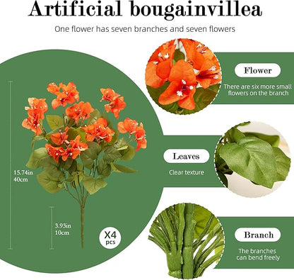 Bougainvillea Artificial Flowers Faux Bougainvillea Outdoor Fake Bougainvillea Artificial Plants Faux Flowers with Stems Silk Flowers for Wedding Porch Living Garden Decor Without Vase (4PCS,Orange )